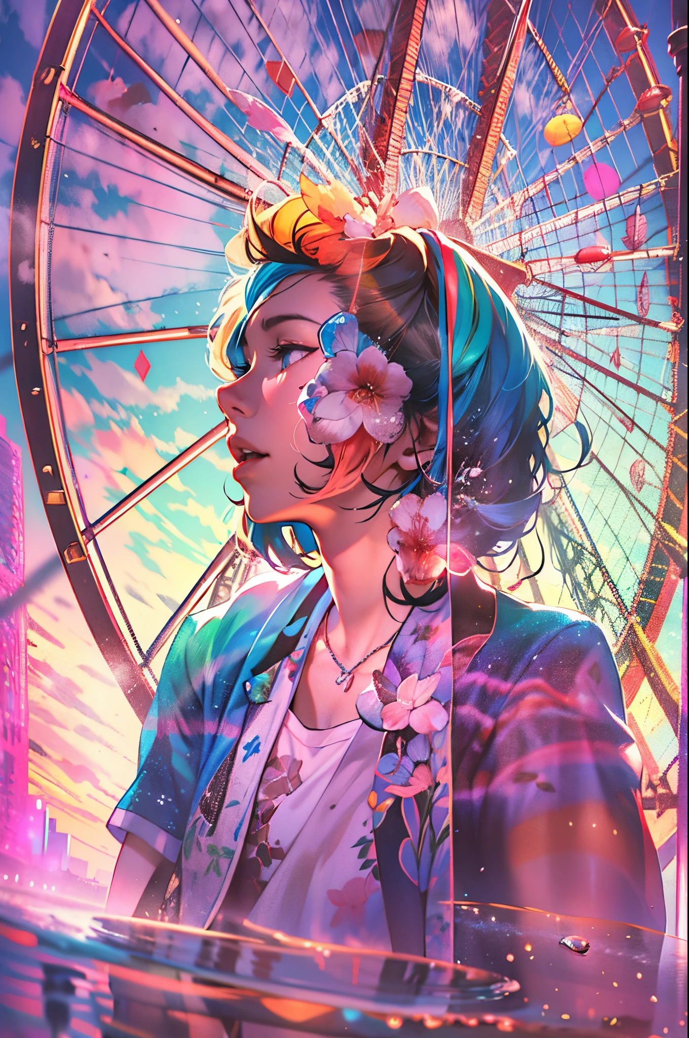 double contact，Oliver Morris double exposure photography style，Seaside couple，he Ferris wheel，child，Colorful，Vibrant colors，a true，フォトリアリスティック，k hd，8K分辨率，tmasterpiece