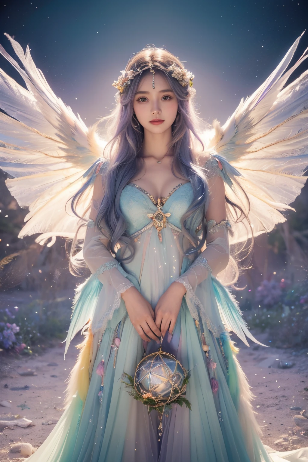 1girl, 23 years old, standing regal with open hands, symmetrical and fractal, multi-color pastel long hair, colorful (1.2), lies in a bird's nest and hatches (1.2), perfect face, sexy linagerie, oil , kinky and sexy smile, looking at the viewer, fairy wings, Big fairy wings, multi color pastel feather wings, fairy vibe , background of mystic realm and magic, the particles of magic light with multi color , wind forming particles in seamless fractal pattern, warm light, epic scene , HDR+, extreme detailed ,Nikon D850, masterpiece, devianart, photo-real painting