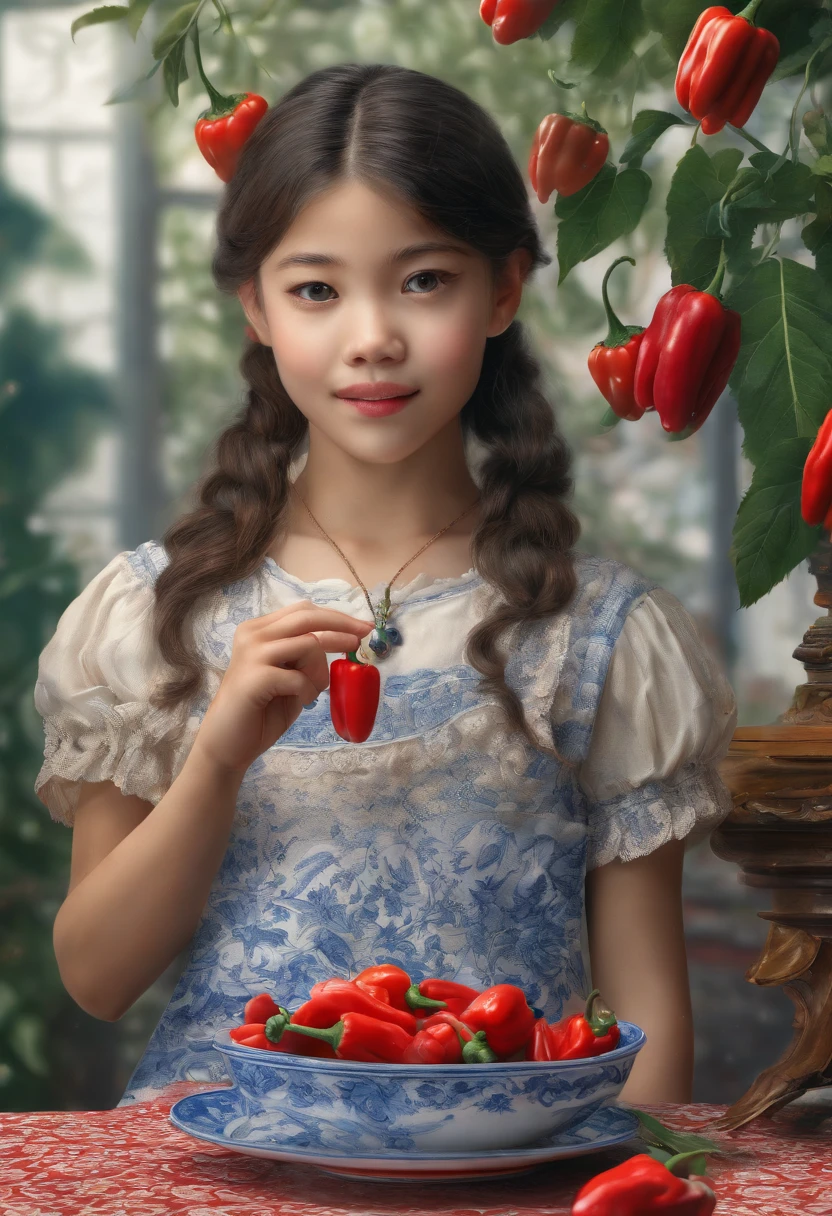 (a girl)holding a (blue and red) pepper in each hand, (captured in a traditional chinese blue and white porcelain) medium, with (intricate details on the patterns) on the peppers. The girl's (bright and curious eyes) are looking at the peppers with excitement, while her (rosy lips) are curved into a gentle smile. The background is filled with (lush green leaves) and (vibrant red flowers), creating a harmonious garden scene. The overall image is of (best quality, highres:1.2), with (ultra-detailed rendering), showcasing the (photorealistic) texture of the porcelain, as well as the (realistic colors) and (sharp focus) on the girl's face and the peppers. The lighting is natural and soft, highlighting the delicate features of the girl and the vibrant colors of the peppers.