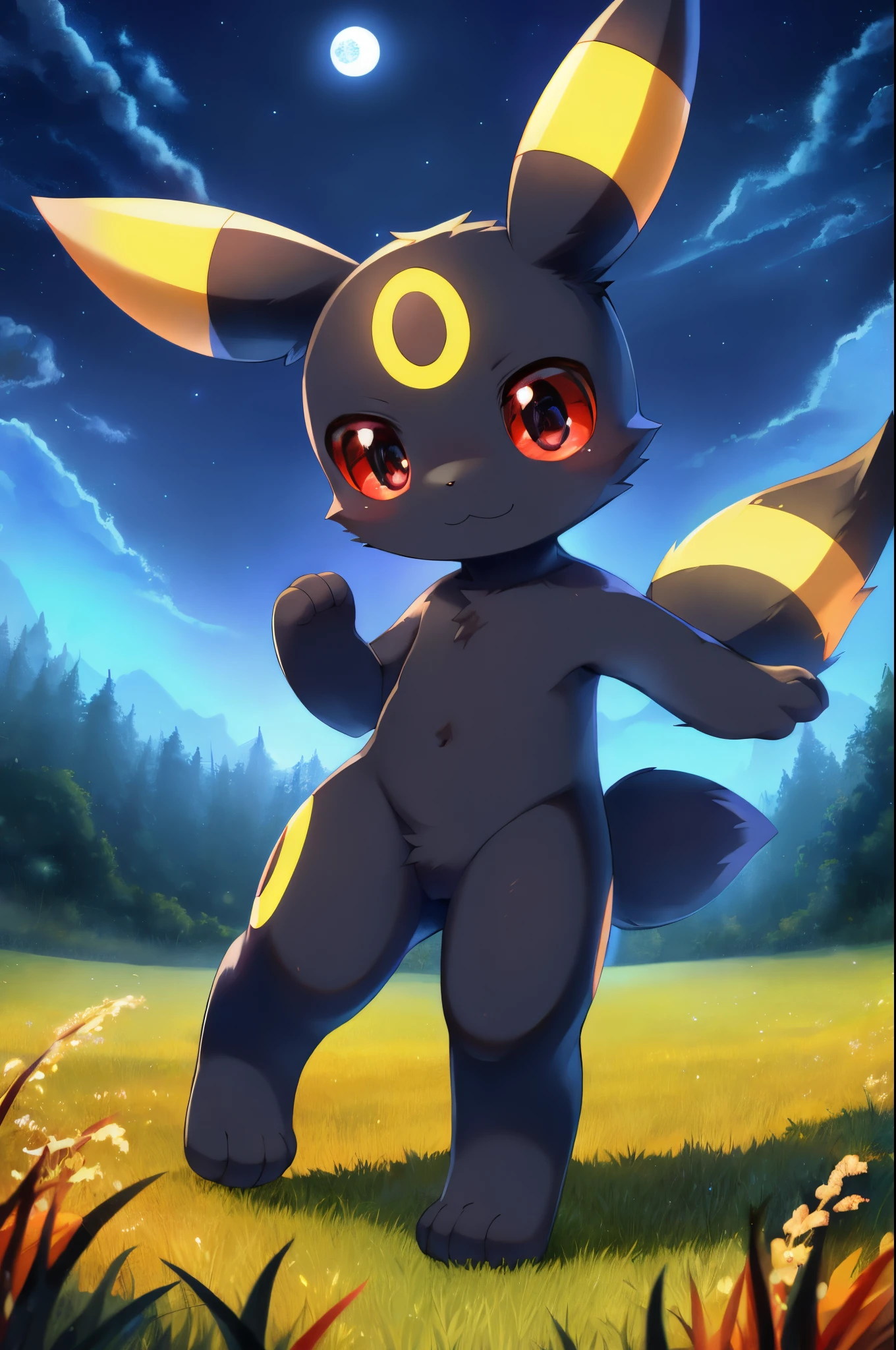 Umbreon, anthro, young, red sclera, black iris, black body fur, feets whit three toes, detailed body fur, detailed face, detailed eyes, glistering body, shiny body, gorgeous body, masterpiece, high quality, anime style, full body, :3, field, night sky, moon, standing, cute,