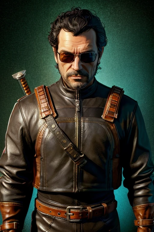 An around 40 year old man wearing a leather jacket with a sword, Character portrait inspired by Walter Gervolino, featured on zbrush central, neo-dada, Hideaki Anime Year, hideki anno, hideaki anno, Portrait of Ernest Khalmov, As the protagonist of GTA 5, wearing cyberpunk 2 0 7 7 jacket, movie promo image,ﾚｲﾋﾟｱimpression