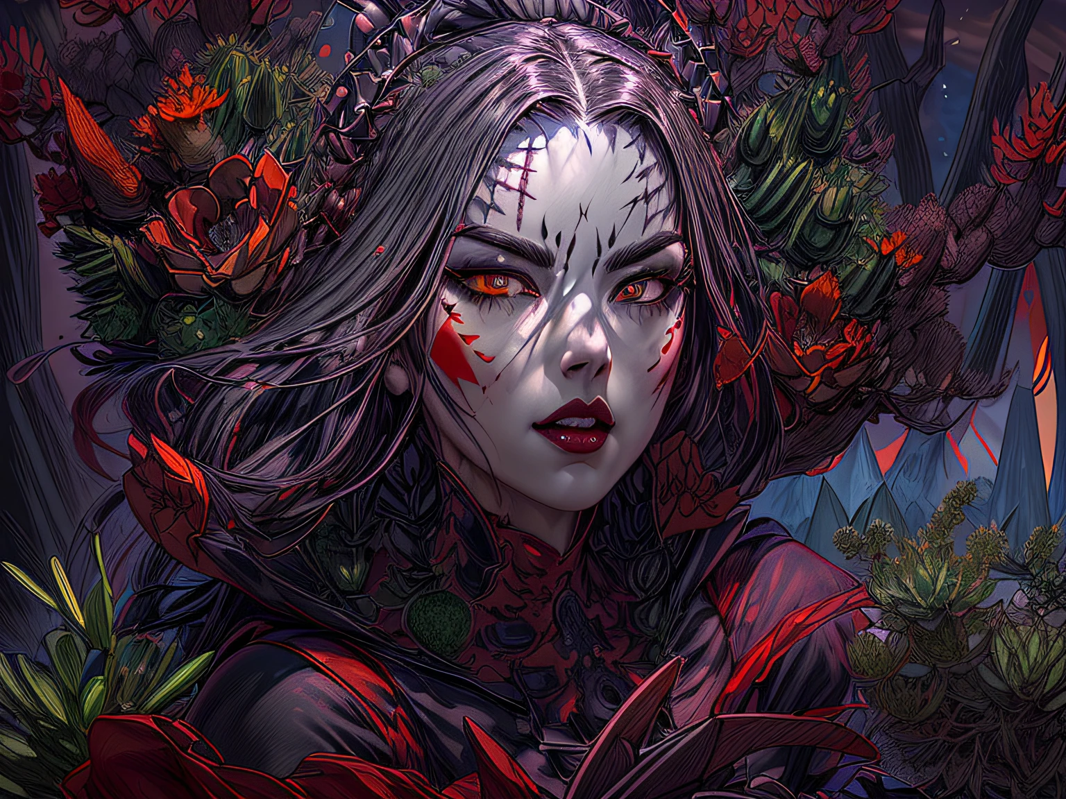 a picture of a vampire woman resting in a (black:1.2) and (red:1.2) colored succulents meadow, full body, an exquisite beautiful (ultra detailed, Masterpiece, best quality: 1.4) female vampire woman, dynamic angle (best detailed, Masterpiece, best quality), ltra detailed face (ultra detailed, Masterpiece, best quality), ultra feminine, grey skin, blond hair, wavy hair, dynamic eyes color, cold eyes, glowing eyes, intense eyes, dark red lips, [fangs], wearing white dress, elegant style dress (ultra detailed, Masterpiece, best quality), wearing blue cloak (ultra detailed, Masterpiece, best quality), long cloak, flowing cloak (ultra detailed, Masterpiece, best quality), wearing high heeled boots,, resting in (black and red colored succulents meadow: 1.6), full colored, (perfect spectrum: 1.3),( vibrant work: 1.4) vibrant shades of red, and black)  moon rising,,  high details, fantasy art, RPG art best quality, 16k, [ultra detailed], masterpiece, best quality, (ultra detailed), full body, ultra wide shot, photorealistic, bloody gown