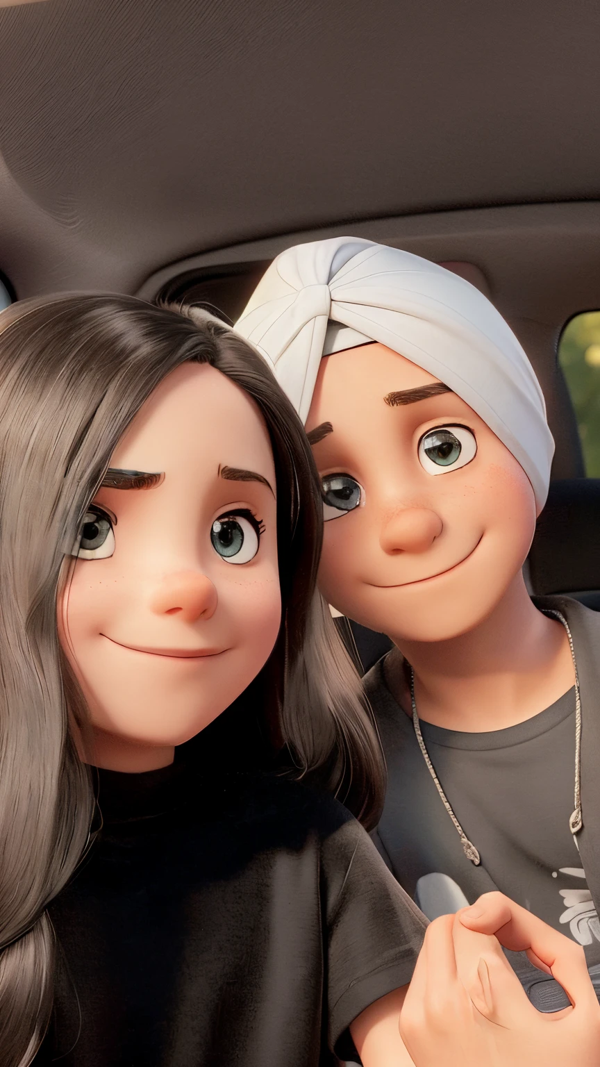 a girl with long hair, a boy wearing a turban, a boy wearing black t-shirts,boy wearing black tshirt, both girl and boy are sitting in the car, BOY WITH NO HAIR, The girl has beautiful detailed eyes, The car in the background ,The lighting is natural and soft, illuminating the subjects and creating a pleasant and inviting ambience. making it realistic, same results as image