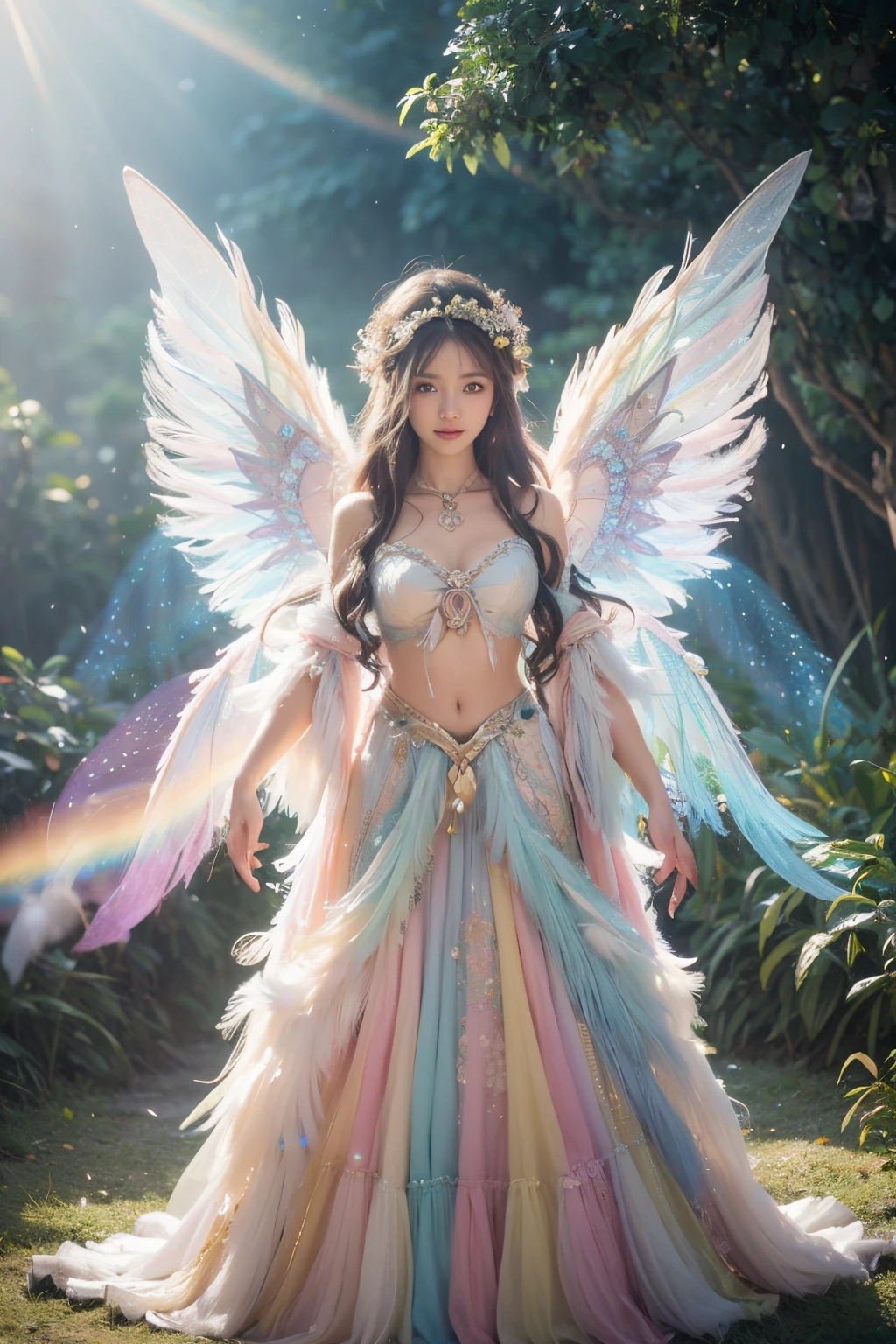 1girl, 23 years old, standing regal with open hands, symmetrical and fractal, multi-color pastel long hair, colorful (1.2), lies in a bird's nest and hatches (1.2), perfect face, sexy linagerie, oil smooth skin,  kinky and sexy smile, looking at the viewer, fairy wings, Big fairy wings, multi color pastel feather wings, fairy vibe , background of mystic realm and magic, the particles of magic light with multi color , wind forming particles in seamless fractal pattern, warm light, epic scene , HDR+, extreme detailed ,Nikon D850, masterpiece, devianart, photo-real painting