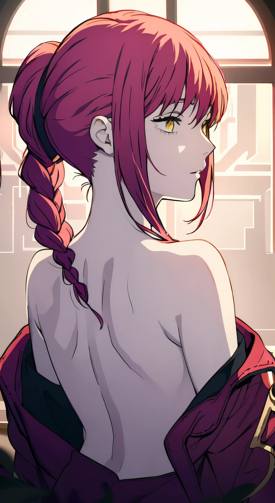 (masterpiece:1.2), (pale skin:1.2), (solo:1.2), (female:1.1), (emphasis lines:1.3), red hair, bare back, shoulder blades, from behind, bare shoulders, braids, yellow eyes