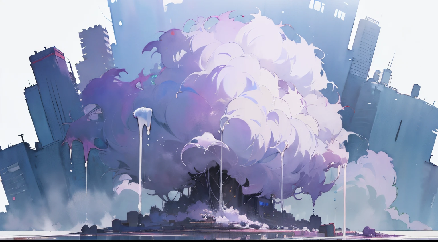 ((masutepiece)), (Professional Photography:1.2), (High Definition:1.3), Best Quality, (watercolor painting:1.3), wide shot, (cold atmosphere), copious mucus dripping, (simple white background:1.10), pale purple fine ink dripping, cityscape, (Alarm Clocks)