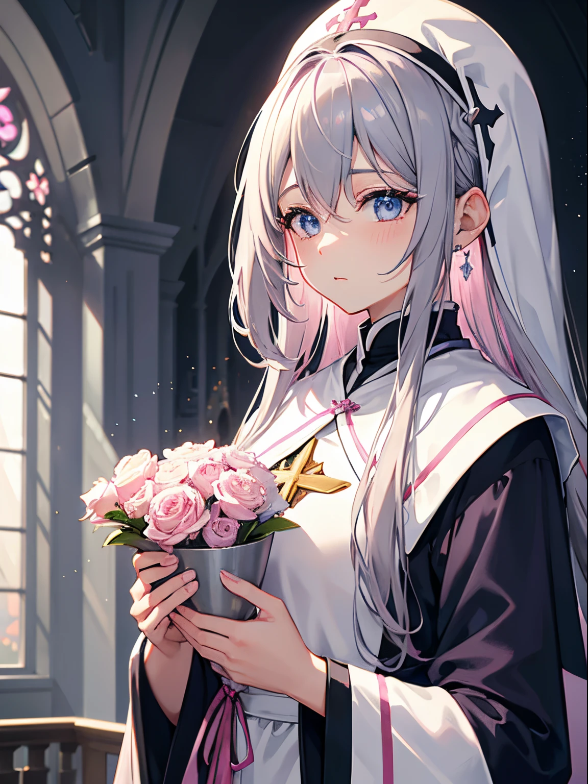 Female bishop in her 20s、Gray-haired semi-long、pink and light blue gradation eyes、Gentle expression、Holy Church、Illuminated by sunlight