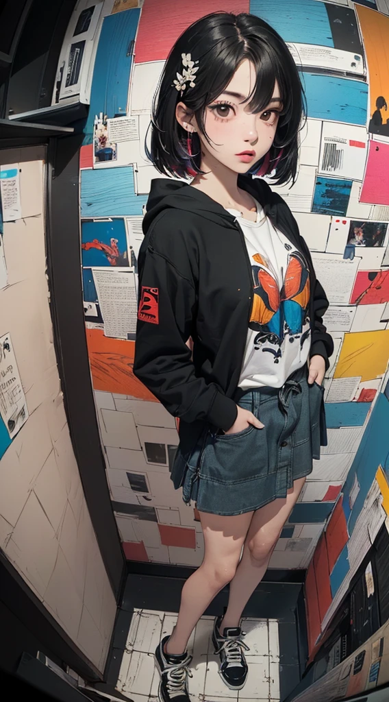 vividness,overview,zentangle,highest quality,girl,unbelievably beautiful,oversize jacket,T-shirt,black shorts,sneakers,anime key visual,masterpiece,striking details,best shadow,Seamless geometric shapes,blank background,Geometric puzzle style,Geometric emoji mix,