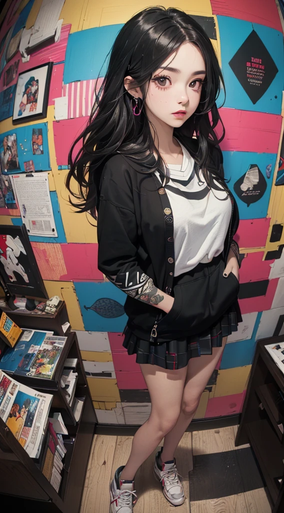 (((8k wallpaper of extremely detailed CG unit:1.2, masterpiece, hight resolution:1.2, top-quality:1.2, masutepiece))), ((a very beautiful woman, Hands in pockets:1.8, Grunge Fashion:1.2, wearing hoodies:1.2, wearing skirt, Wearing shoes)), ((extra detailed face, Highly detailed black eyes, extra detailed body, Top quality real texture skins)), (A dark-haired, length hair, de pele branca), ((colorful geometric pattern wall, Colorful wall)), (high-angle, Fisheye:1.3), hyper realisitic, digitial painting,