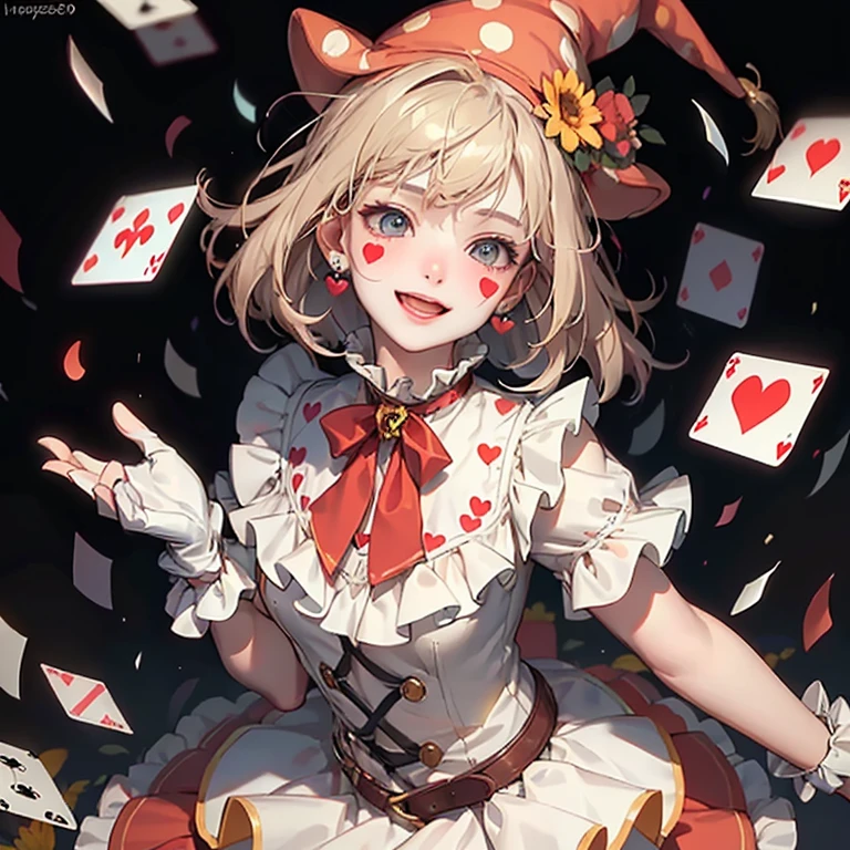 1 ，The hair is blonde，Magician hat，playingcards，Magician clothes，Red ribbon，White gloves，edgBunny，A mischievous smile，Face portrait，Face portrait