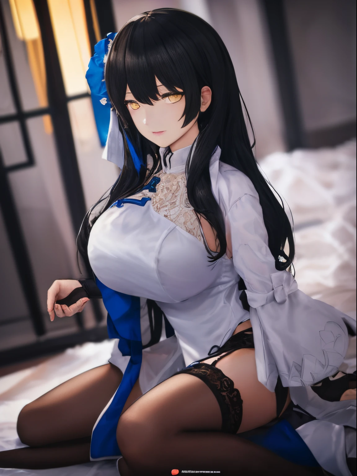 Masterpiece,Best quality,Extremely detailed Cg Unity 8K wallpaper, Masterpiece, Best quality, CG, Light , detail processing,Type 95((girls' frontline)),{Yellow eyes },Beautiful_face, Long black hair,,{ Wife-like,Mature female}, Huge breasts,Intimacy,nightfall,Beautiful_face,Clear face,Cheongsam,White background,
