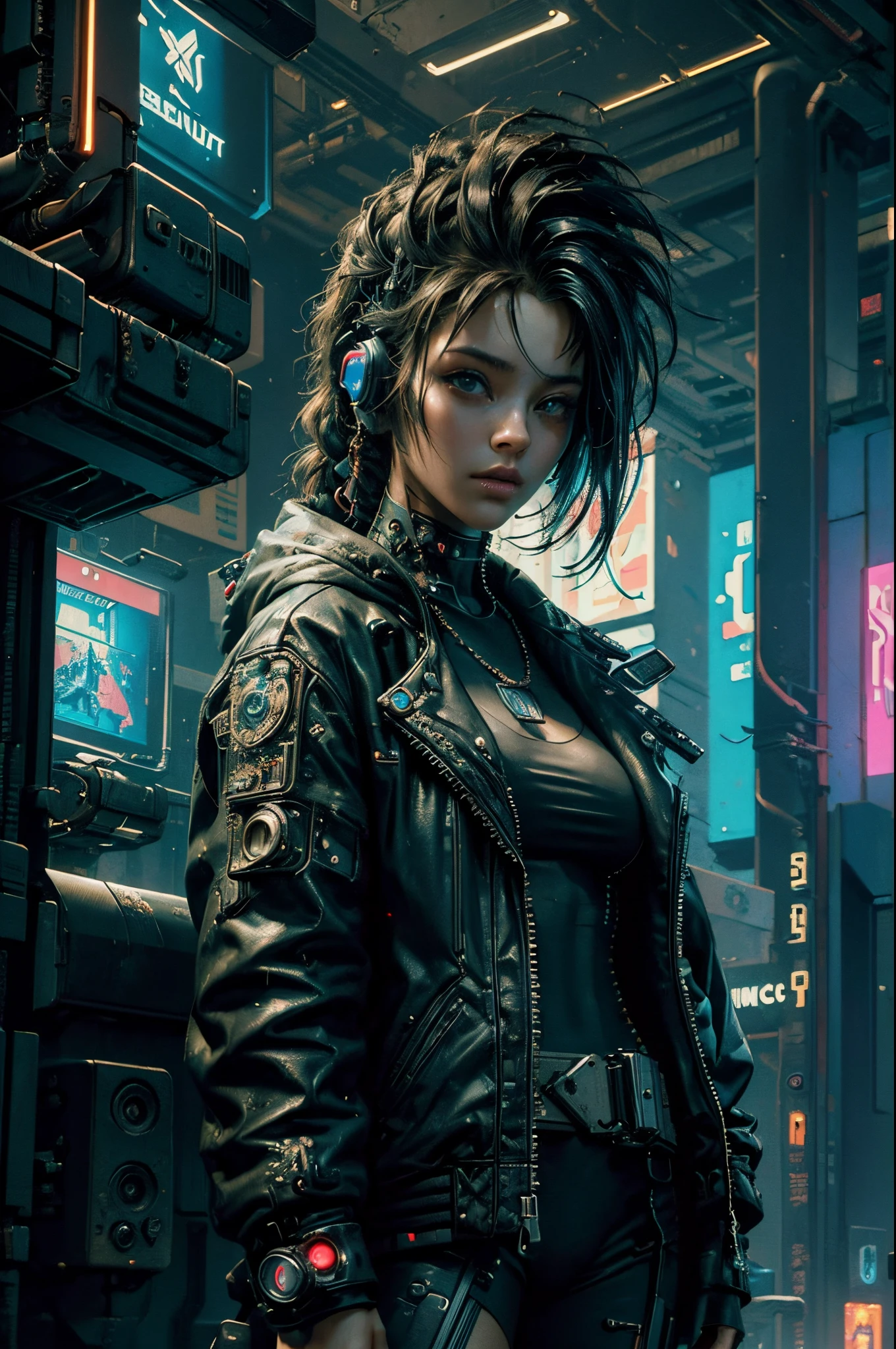((Best quality)), ((masterpiece)), (highly detailed:1.3), 3D, beautiful (cyberpunk:1.3) hacker woman with thick voluminous hair operating a computer terminal