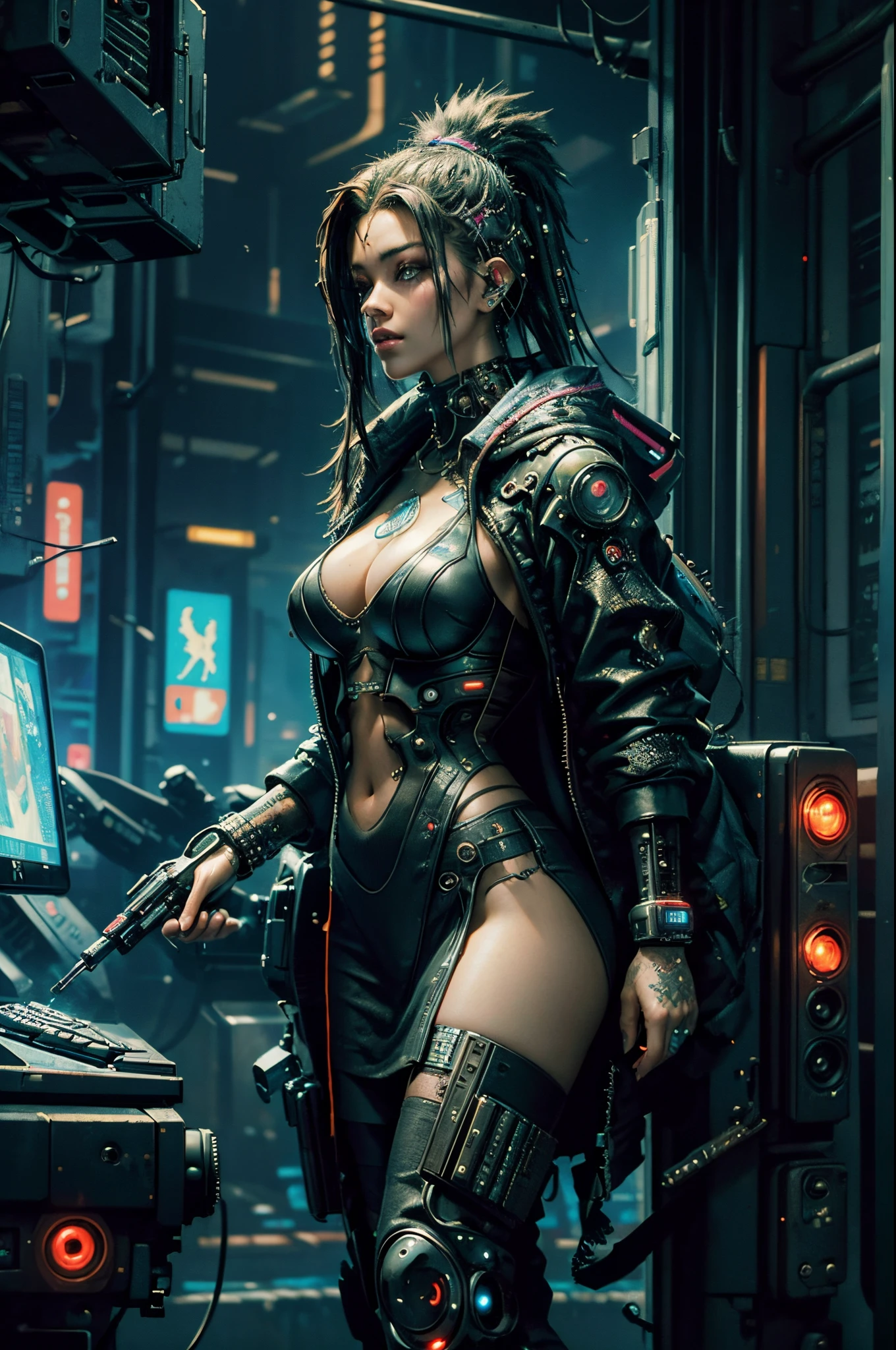 ((Best quality)), ((masterpiece)), (highly detailed:1.3), 3D, beautiful (cyberpunk:1.3) hacker woman with thick voluminous hair operating a computer terminal