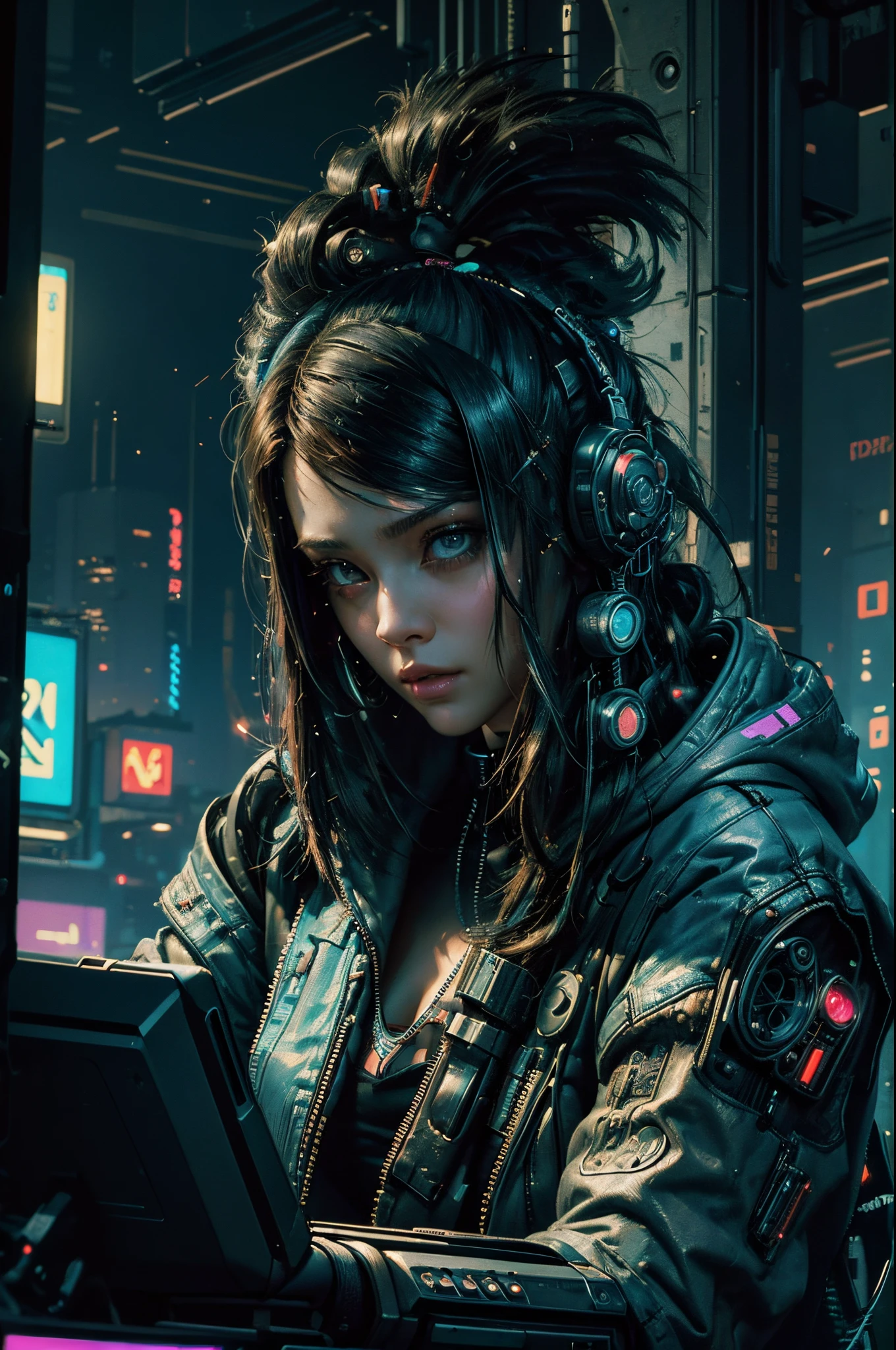 ((Best quality)), ((masterpiece)), (highly detailed:1.3), 3D, beautiful (cyberpunk:1.3) hacker woman with thick voluminous hair operating a computer terminal