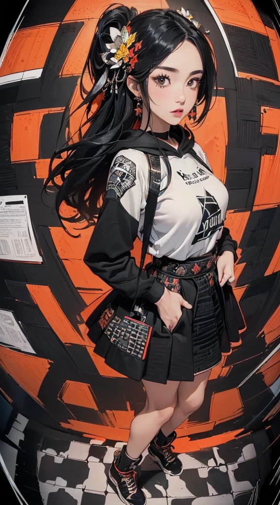 (((8k wallpaper of extremely detailed CG unit:1.2, masterpiece, hight resolution:1.2, top-quality:1.2, masutepiece))), ((a very beautiful woman, Hands in pockets:1.8, Grunge Fashion:1.2, wearing hoodies:1.2, wearing skirt, Wearing shoes)), ((extra detailed face, Highly detailed black eyes, extra detailed body, Top quality real texture skins)), (A dark-haired, length hair, de pele branca), ((colorful geometric pattern wall, Colorful wall)), (high-angle, Fisheye:1.3), hyper realisitic, digitial painting,