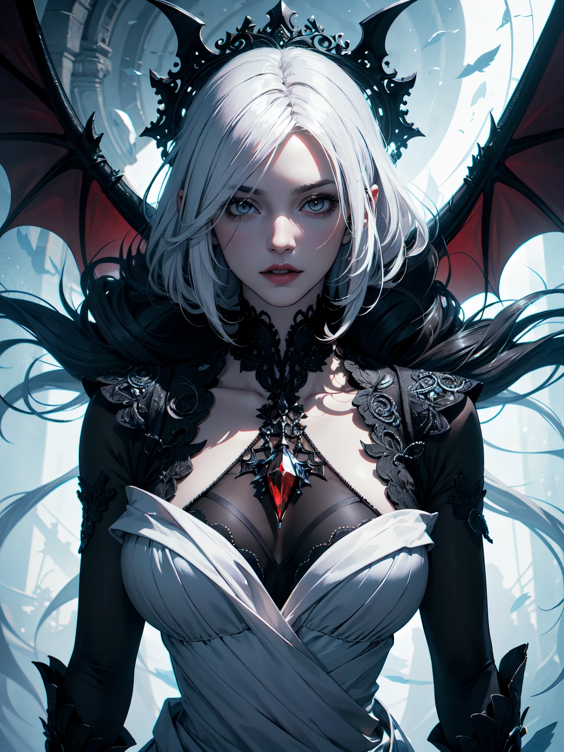 (masterpiece, absurdres, highres, ultra detailed), 1woman, wavy white hair, adult, black eyes, focus,handsome face, yennefer the witcher, charming, detailed eyes and face, angry expression,background (hell),centered ultra-detailed, sensual vampire lurking in the shadows, partial view from shadows, underground dark and mysterious atmosphere fog brick wall in the background ,old magazine cover comic book style blank space for text on left corner,,ominous neon casting shadows,ferocious expression of the vampire,sharp fangs and glowing red eyes, details,vampire wearing tattered clothes, sharp claws protruding from its hands,strong and muscular build of the creature, weathered texture and vintage look of the magazine cover,authentic illustrations capturing the essence of Halloween,stunning contrast between light and darkness,vibrant colors to bring out the eerie feel,ominous color tone adding to the suspenseful atmosphere,horrifying and captivating artwork reminiscent of classic horror films,Female Necromancer Costume with fair skin and short red hair , Dark mascara, heavy make-up, skulls, vampire,8K,Demon woman in hellfire,bat wings,Evil Gaze,black binoculars,ugly and distorted expression,muscular macho body,The lower body is covered with black hair,2 devil horns,long thin fangs,sharp teeth,sharp nails,barefoot,rugged rock surface,masterpiece,Photorealistic RAW photos of the highest quality。insidious color,Backlight, cinematic lighting, film grain, 50mm lens, Nikon D850,beautiful expression,fantasy art,character art,Glaring at the viewer,horror film,Cat-like eyes(Eyes),blue-black skin(super realistic skin),very big breasts,Red-black costume,
