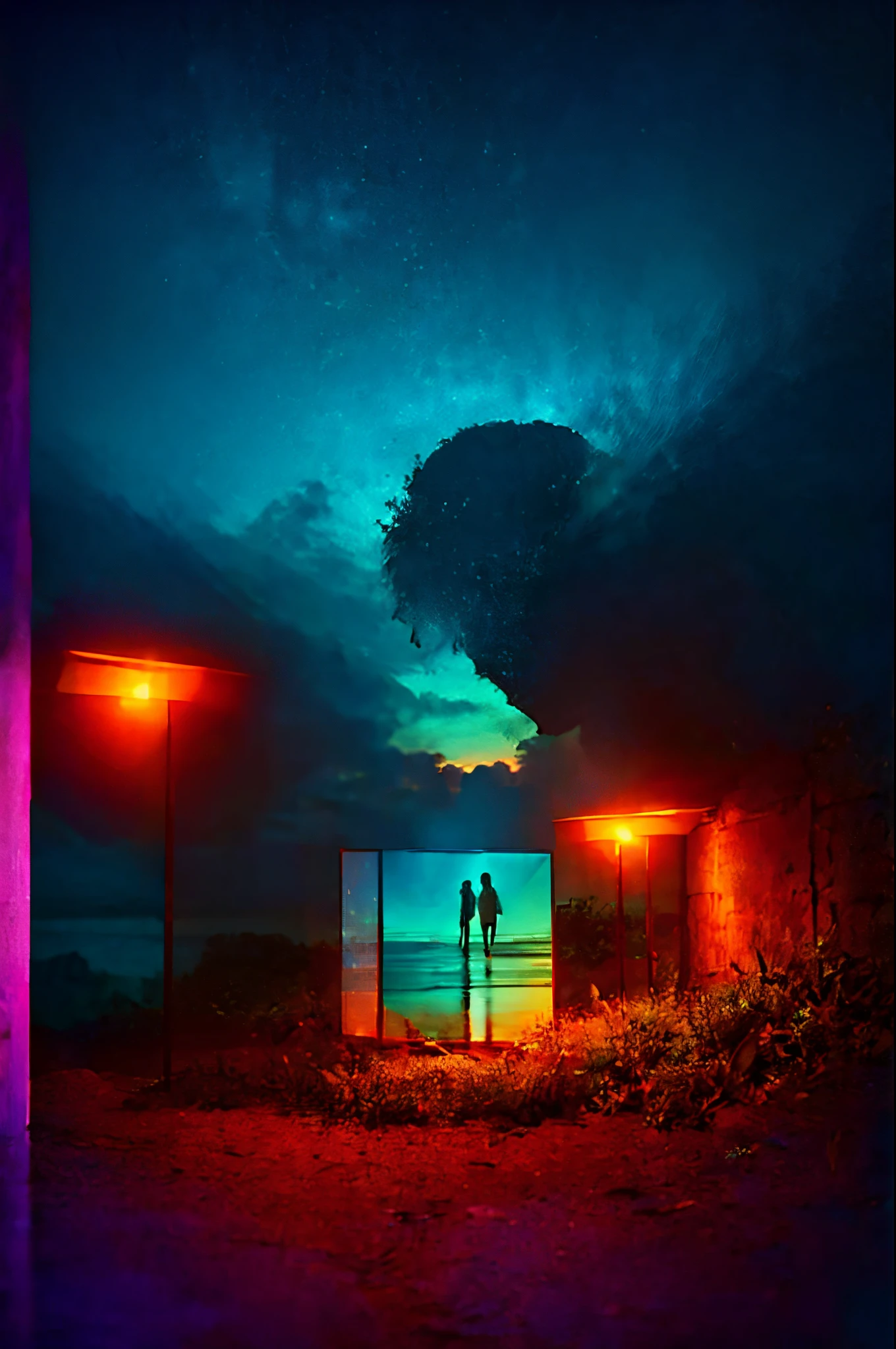 double contact,Oliver Morris double exposure photography style,Seaside couple,tropical garden,Colorful,vibrant with colors,a true,フォトリアリスティック,k hd,8K分辨率,tmasterpiece