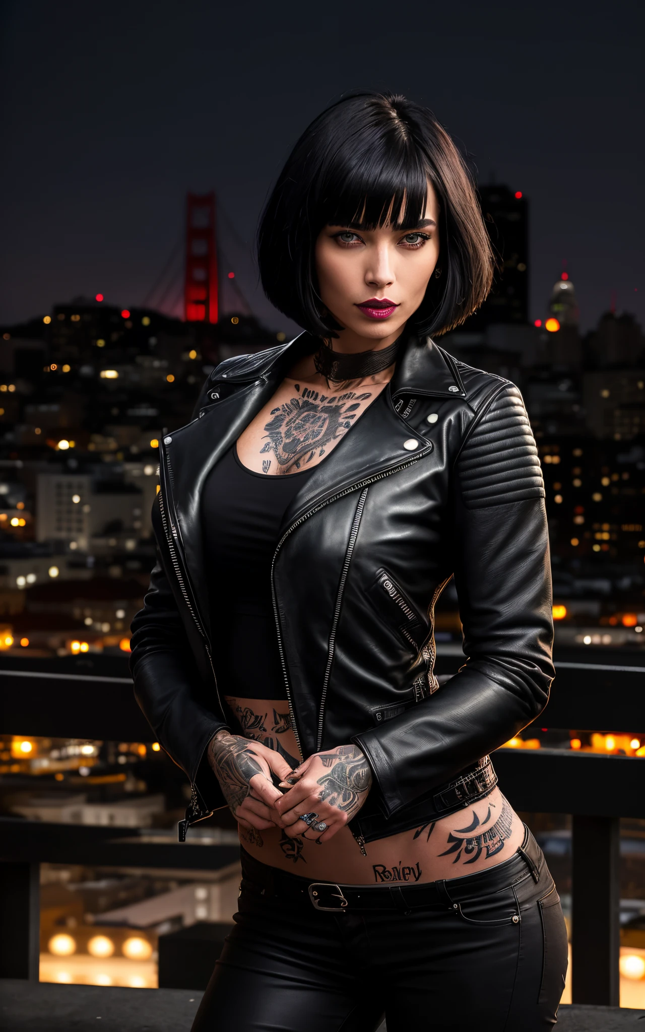 Beautiful 25 year old woman, black hair, Bob cut, blue eyes, sightly muscled, messy hair, tattooed neck, leather jacket, San Francisco in the background, kink, evil aura, night, kink.