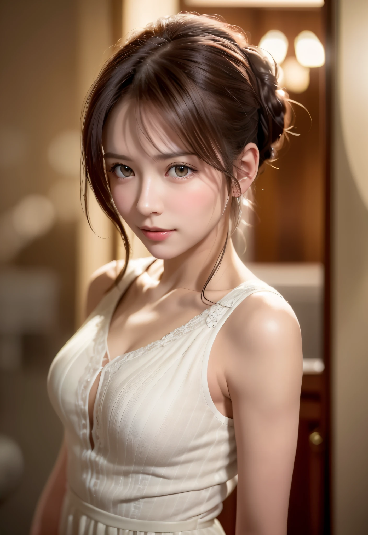 8K, of the highest quality, masutepiece:1.2), (Realistic, Photorealsitic:1.37), of the highest quality, masutepiece, Beautiful young woman, Pensive expression,、A charming、And a gentle look, Cute young lady, Newlywed life、Welcome back、Happy expression、Hair tied back, Cinematic background, Light skin tone