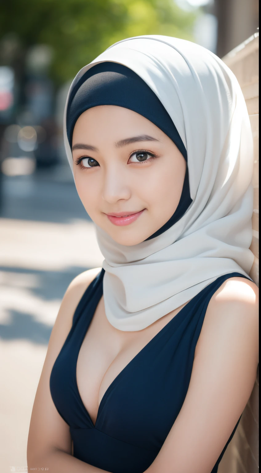 harem, cleavage, (((hijabi))), masterpiece, best quality, 8k, 18yo, , raw photo, absurdres, award winning portrait, smile, smile, solo, night, neon, idol face, violaceaess, gardeniass, delicate girl, upper body, DSLR, looking at viewer, candid, sophisticated, youthful, thin arms, professional lighting, film grain, chromatic aberration, (detailed eyes and face:1.0), (bokeh:1.1)