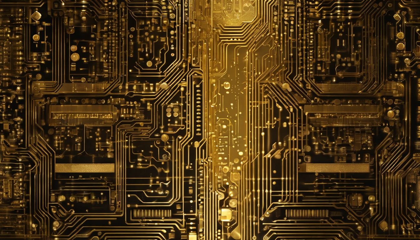 A visually stunning composition of a futuristic tech-inspired background with a circuit board pattern in metallic shades of silver and gold, creating a visually captivating and technologically advanced image.