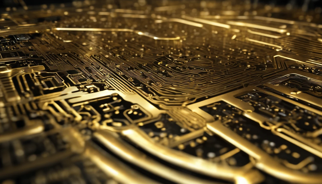 A visually stunning composition of a futuristic tech-inspired background with a circuit board pattern in metallic shades of silver and gold, creating a visually captivating and technologically advanced image.
