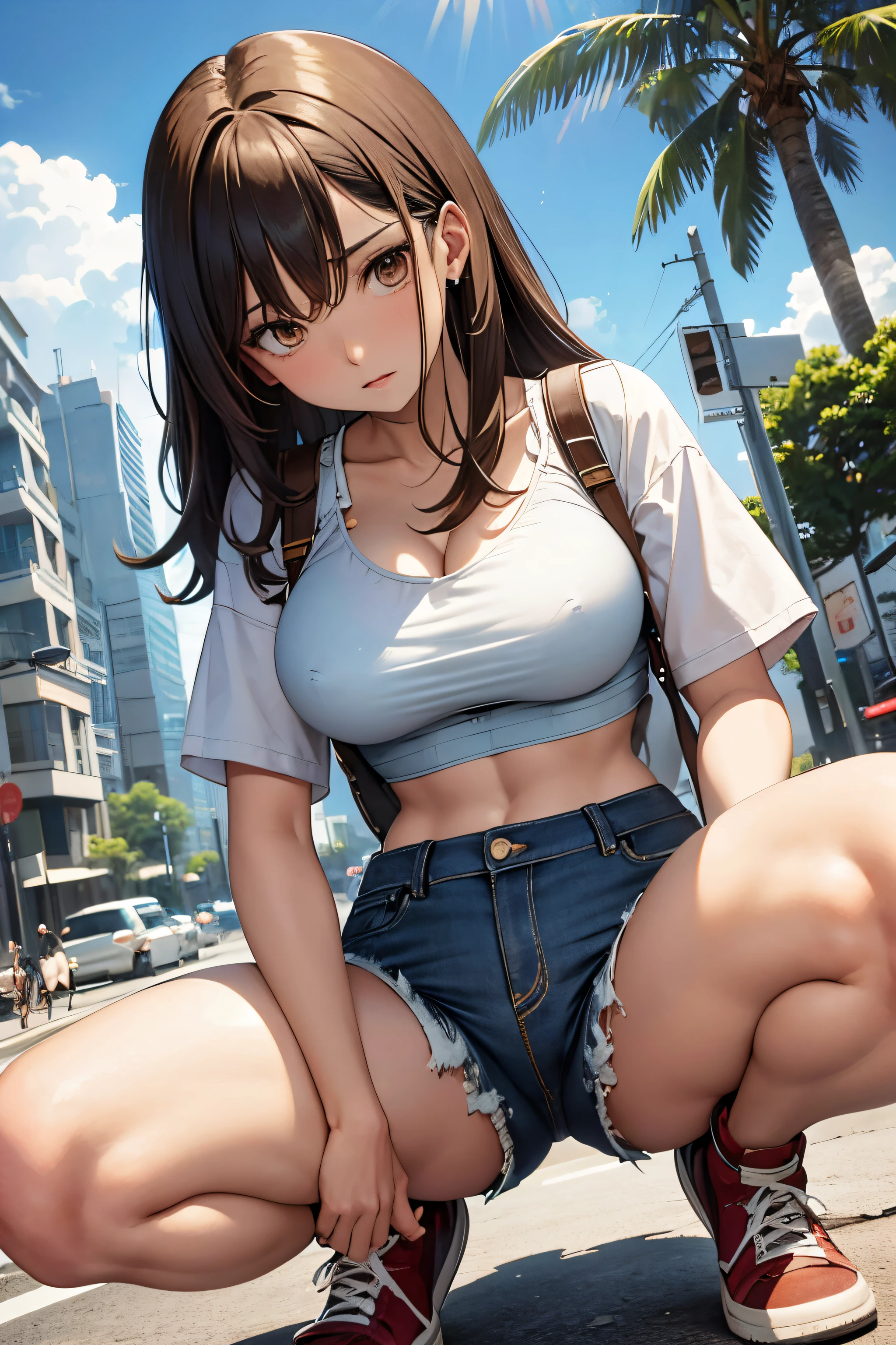 morena, Squatting, jean shorts, stocklings, unbuttoned corset