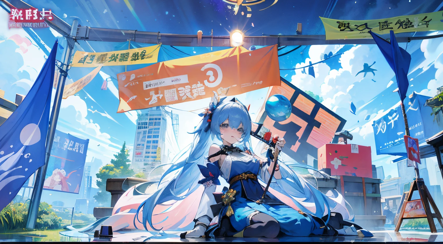 Anime girl sitting on the ground in front of banner, 《the original god》Keqing in, Anime style 4k, Popular topics on cgstation, from the night of the ark, cgstation trends, best anime 4k konachan wallpapers, Anime art wallpaper 8 K, pixiv daily ranking, Anime cute art style, Song, High quality anime art style,Add content to the poster later:101 Animation Club School Festival,Add the artistic word "Time" in the lower left corner:December 3, 6 pm:30,place:North District Commercial Street”