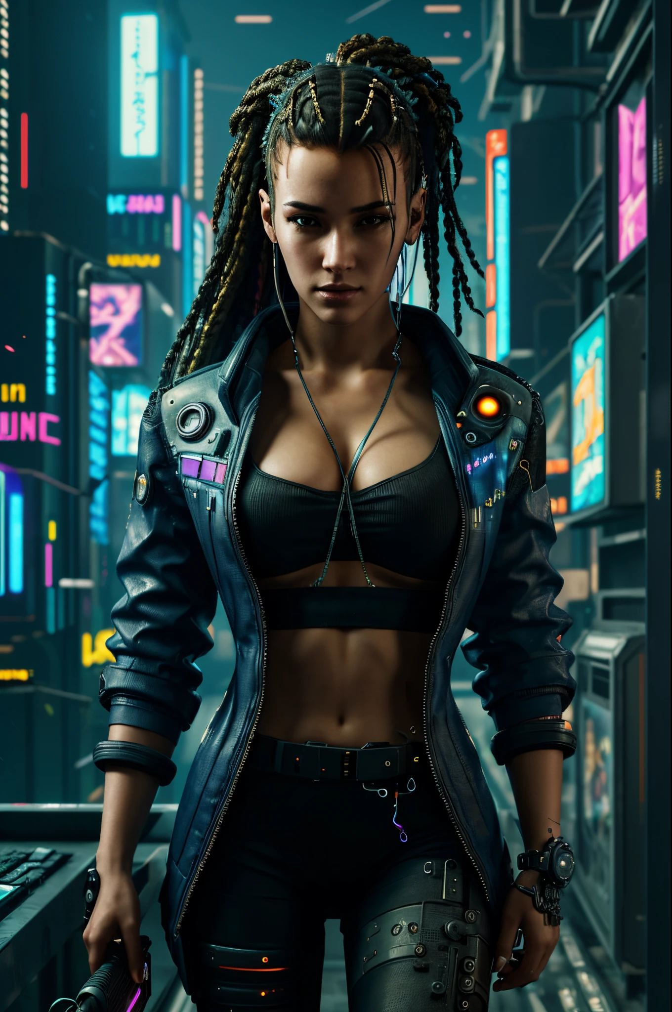 (((Tarot card))), Tarot card frame made of cyberpunk clocks, Portrait of a woman holding a gun, very detailed, clocks, lazers, cyberpunk equipment, ((in a frame)), surrounded by cyberpunk clocks, (((black skin))), science fiction, cyberpunk, In the Style of Cyberpunk 2077, masterpiece, best quality, CG, wallpaper, HDR, high quality, high-definition, extremely detailed, (detailed light), {{intricate detail}}, {highres}, neon light, chiaroscuro, anime style, key visual, intricate detail, highly detailed, breathtaking, vibrant, cinematic, 3DMM