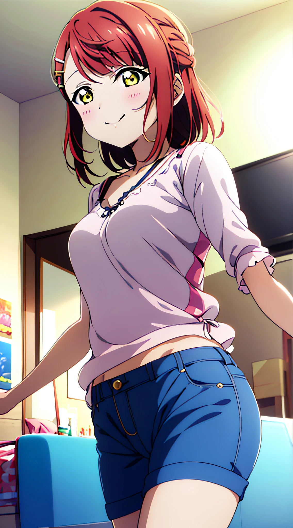 (best quality), (HD),high quality, best quality, masterpiece, ayumu uehara, 1girl, Anime-style color grading, bushiroad studio coloring style, yellow eyes, medium hair, (down hair), smilling, thighs, ((in bedroom:1.2)), sunny day, singing, ((casual clothes:1.3))