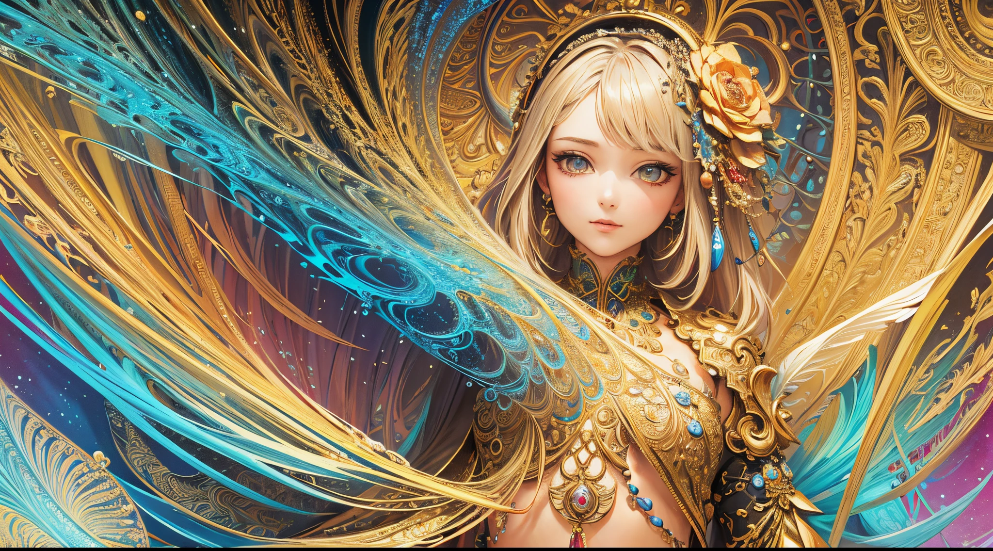 (1girl, zentangle, mandala, tangle, entangle, beautiful detailed eyes, beautiful detailed lips, extremely detailed eyes and face, long eyelashes, beautiful and aesthetic, masterpiece, official art, ultra detailed, highest detailed, colorful, unity 8k wallpaper, gold foil, gold leaf art, glitter drawing, PerfectNwsjMajic, best quality, top quality)