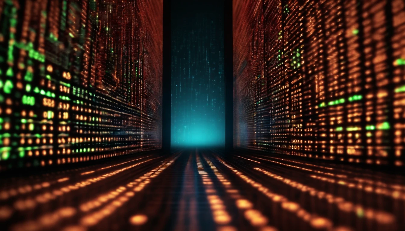 A close-up shot of a tech-inspired background with binary code scrolling across the screen, creating a visually dynamic and computerized scene.