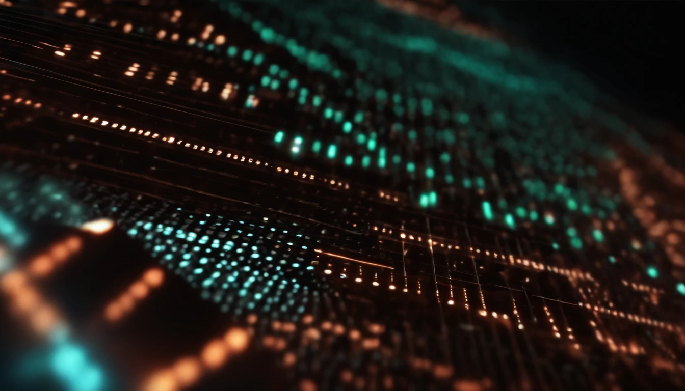 A close-up shot of a tech-inspired background with binary code scrolling across the screen, creating a visually dynamic and computerized scene.