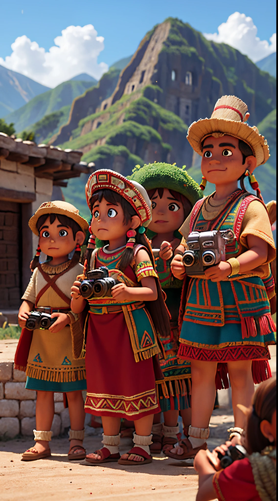 a group of old Mayan indigenous people holding cinema camera, graphic elements of peruvian culture with mountains, llamas and indigenous Inca and Mayan themes
