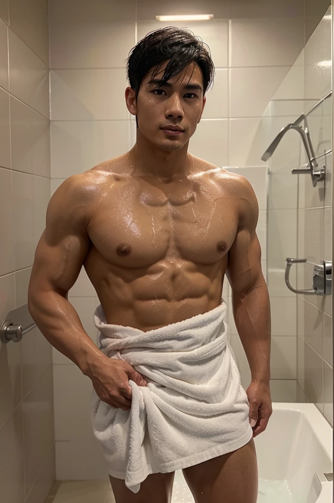 A handsome man, 25 years old, handsome Asian man with short hairstyle, muscular man, wet hair, wrapped in a bath towel, in the restroom