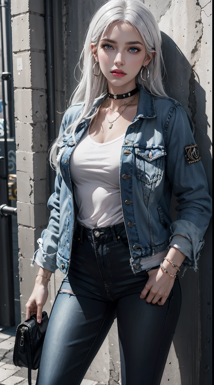 photorealistic, high resolution, 1women, shining skin, solo, jewelry, pink lips, long white hair, blue eyes, closed mouth, hips up,distressed denim jacket with patches and pins, paired with black skinny jeans and combat boots, Accessories: silver hoop earrings and a black choker necklace, Hanging out in an underground music venue or street art exhibit