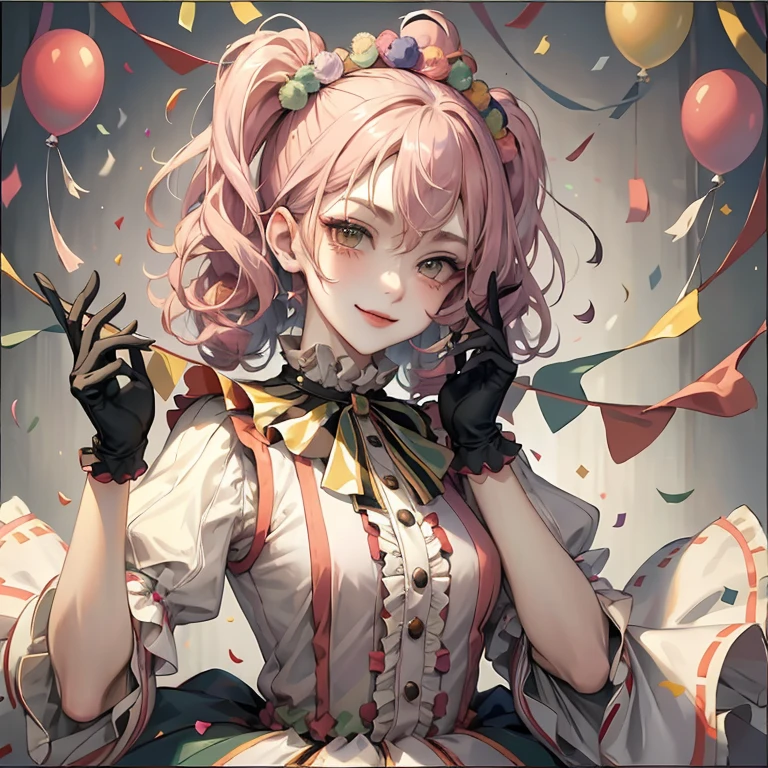 masterpiece, best quality, absurdres, 1girl, solo, (mature female), tall female, fantasy clown girl, clown, long hair, curly hair, pink hair, mischievous and playful, green eyes, round eyes, looking at viewer, thin eyebrows, big smile, clawn horns, clown tail, colorful dress with ruffles and pom-poms, hand up, black gloves, gloves, bright and cheerful tones, bright lighting, medium shot, confetti, streamers