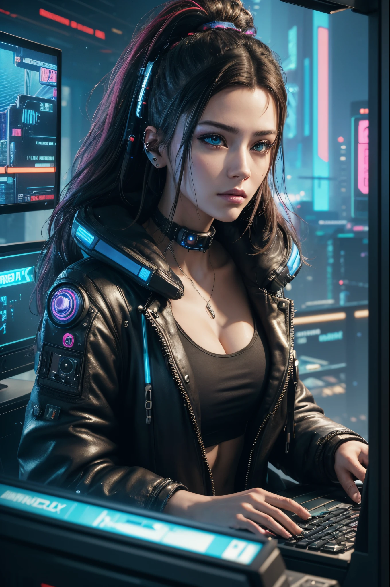 cyber punk　a  girl　A futuristic world　Beautiful Girl　Leather jacket　Leather pants　Giant tits　smile on face　beste Quality　A masterpie　ultra-highres
