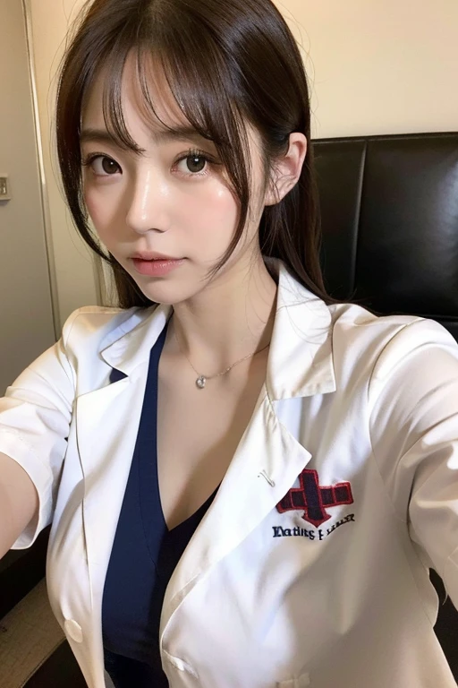 Nurse、Take care of uniforms、(top-quality、8K、32K、​masterpiece、nffsw:1.2)、Photo of a cute Japanese woman、女の子 1 人、(Medium short dark brown hair)、(Colossal tits)、二重まぶた、White nurse uniform、Little White Nurse (caps) 、White shirt、open-shirt、hospitals、Hospital Room、The upper part of the body、A sexy