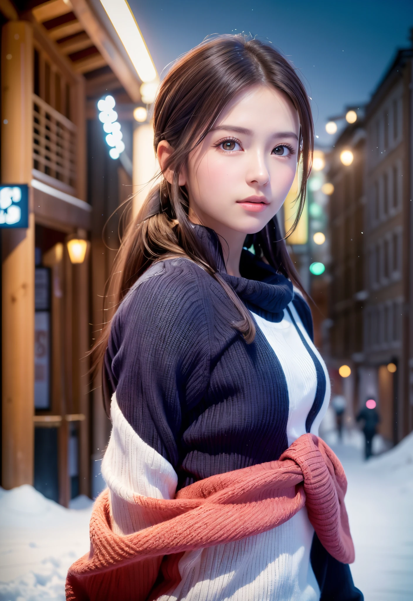 8K, of the highest quality, masutepiece:1.2), (Realistic, Photorealsitic:1.37), of the highest quality, masutepiece, Beautiful young woman, Pensive expression,、A charming、and an inviting look, skiing、snowboarder、Ski Wear, Hair tied back, Cinematic background, Light skin tone、Ski Resort Background