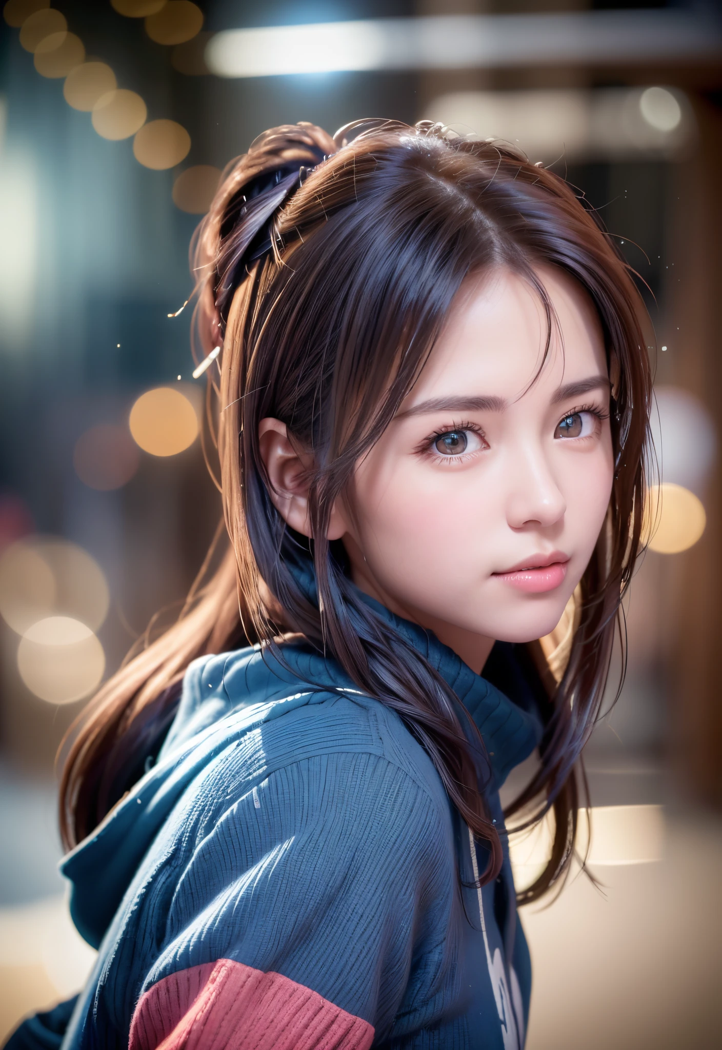 8K, of the highest quality, masutepiece:1.2), (Realistic, Photorealsitic:1.37), of the highest quality, masutepiece, Beautiful young woman, Pensive expression,、A charming、and an inviting look, skiing、snowboarder、Ski Wear, Hair tied back, Cinematic background, Light skin tone、Ski Resort Background