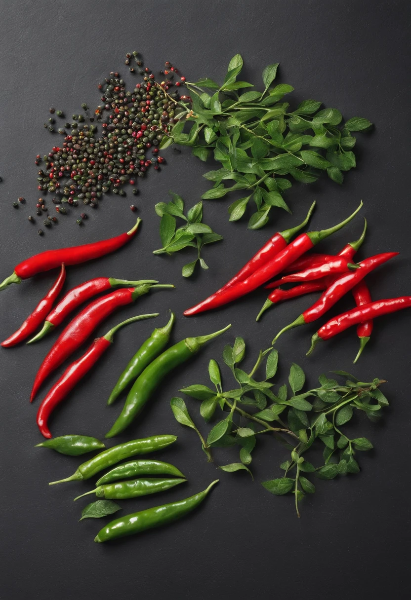 Green peppercorns、red pepper、The structural arrangement of Tai Chi diagrams、High resolution top pictures,Shot from a bird's eye view