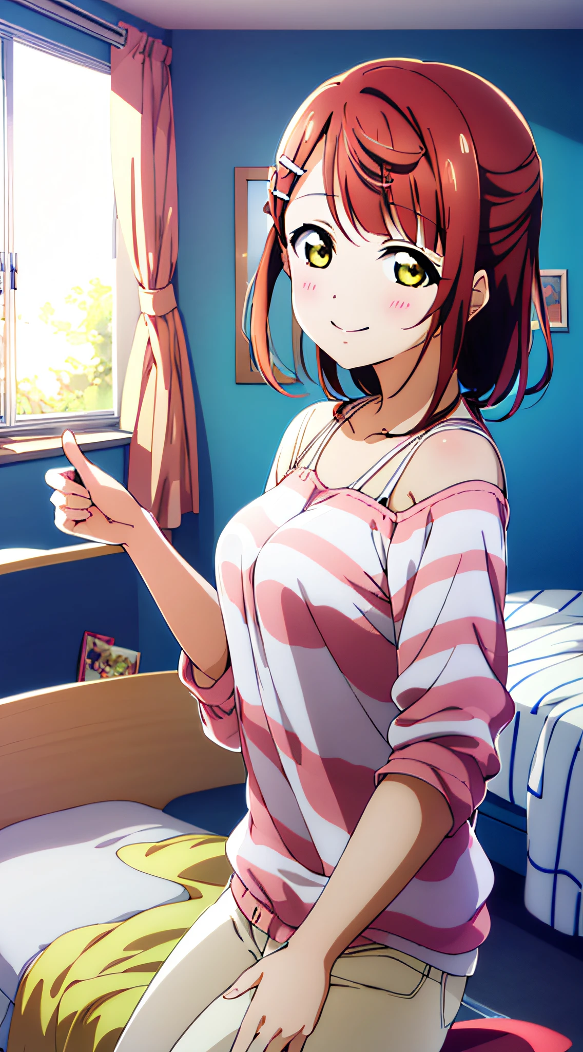 (best quality), (HD),high quality, best quality, masterpiece, ayumu uehara, 1girl, Anime-style color grading, bushiroad studio coloring style, yellow eyes, medium hair, (pont tail hair), smilling, ((in bedroom)), sunny day, singing, ((casual clothes:1.3))