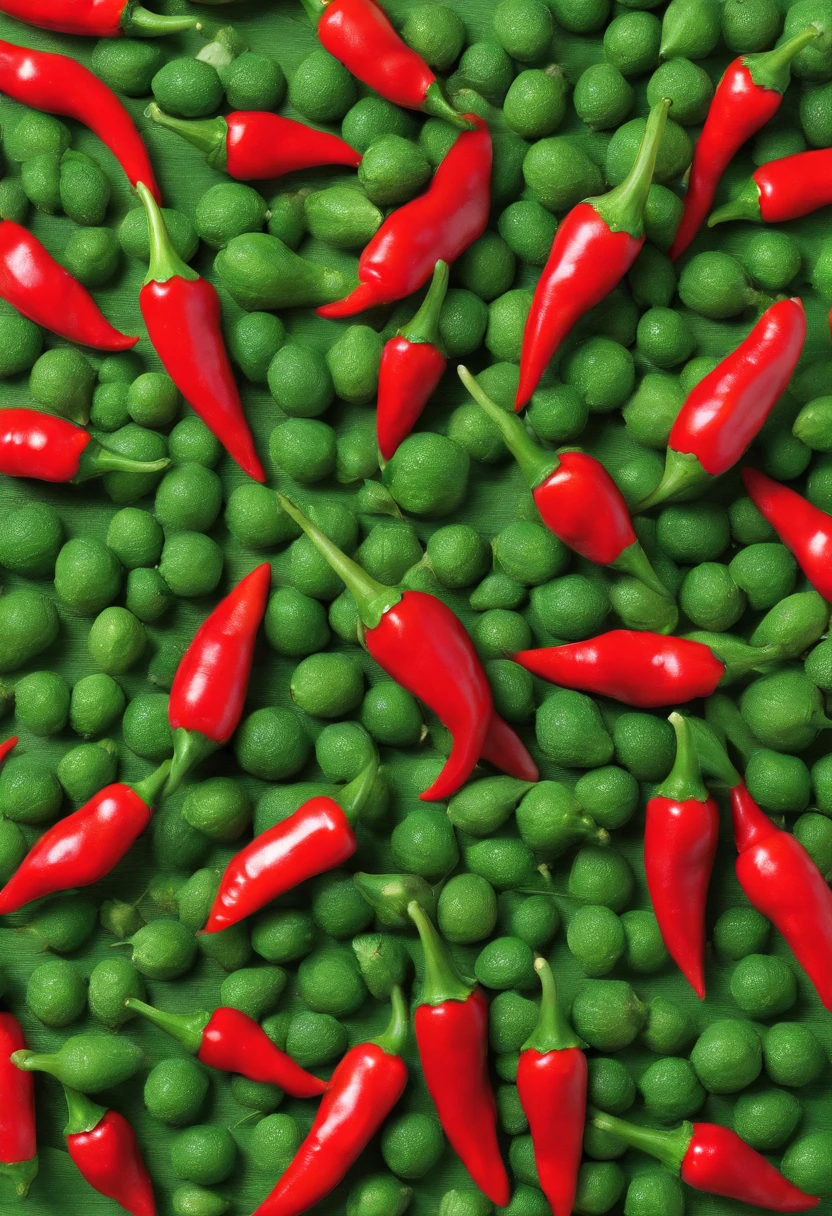 Green peppercorns、red pepper、chili pepper、Put in the shape of a girl、High resolution top pictures，Shot from a bird&#39;s eye view