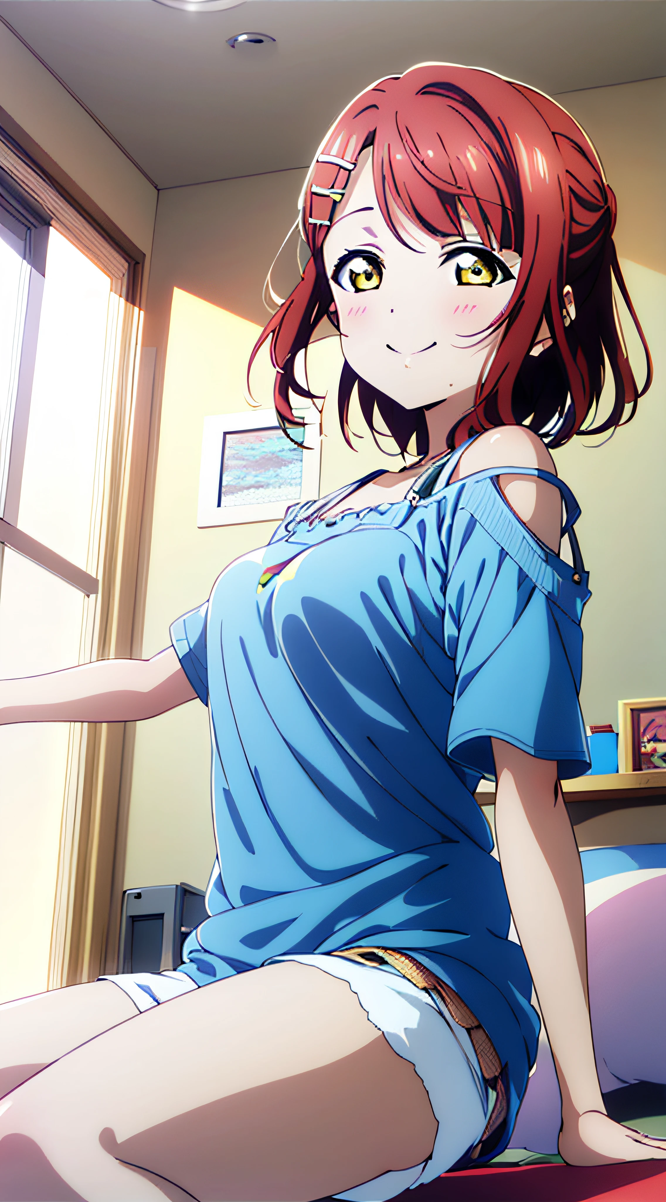 (best quality), (HD),high quality, best quality, masterpiece, ayumu uehara, 1girl, Anime-style color grading, bushiroad studio coloring style, yellow eyes, medium hair, (down hair), smilling,solo, looking at viewer,((casual tshirt)), thighs, off shoulder, ((sitdown in bed))