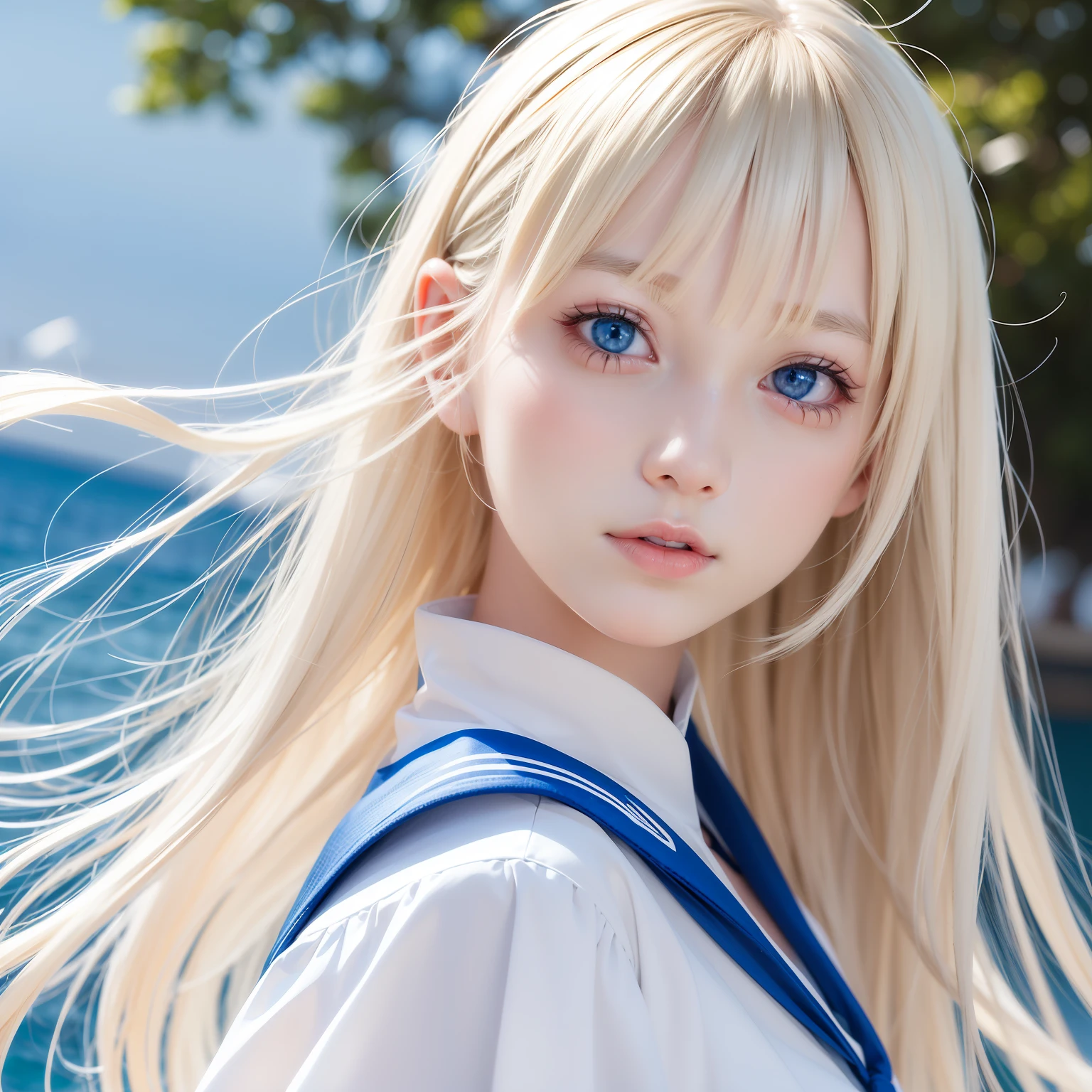 Blond girl with blue eyes and sailor suit posing for a photo, anime girl in real life, realistic young anime girl, close up of a young anime girl, realistic anime, anime girl cosplay, beautiful anime portrait, Cool anime face portraits, hyper realistic anime, portrait of an anime girl, cute natural anime face, young anime girl, portrait of an anime girl,milky way in the night sky