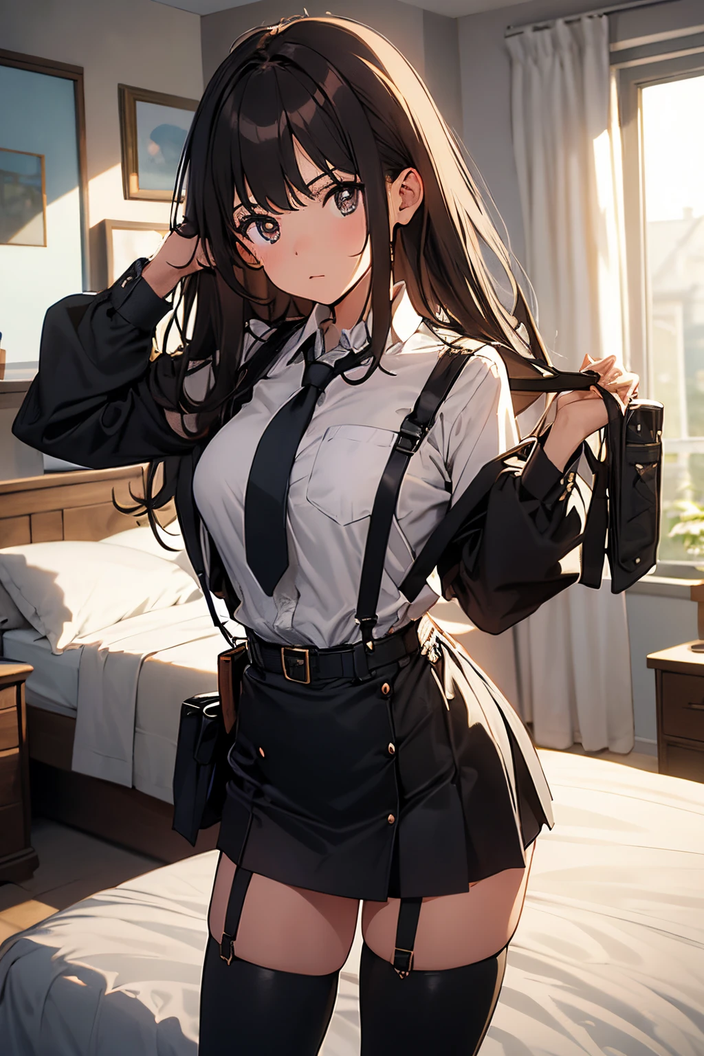 ​masterpiece、flat-colors、depth of fields、lens flare 1 girl、、Brown hair、watching at viewers　　　black suspenders　　　Bulging big breasts　　 　 　　　walls: 　Black miniskirt　garters　　　　　　Gaze　　　Small face　bangss 　　　holster　　a belt 　Beautuful Women　srestrained　hands up　Lying in bed　Leg holster