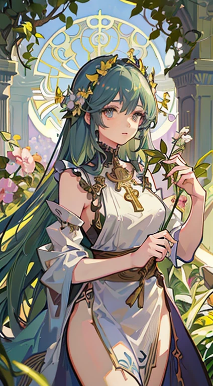 absurdres, best quality, fine detailed, 8k, tarot card style frame, Alphonse Mucha, art nouveau, art deco, 1girl, ancient Greek dress, chiton, flowers in hair, messy hair, garden, olive leaves, petals, vines, Beautifully detailed eyes, beautiful shiny detailed hair, warm light, upper body