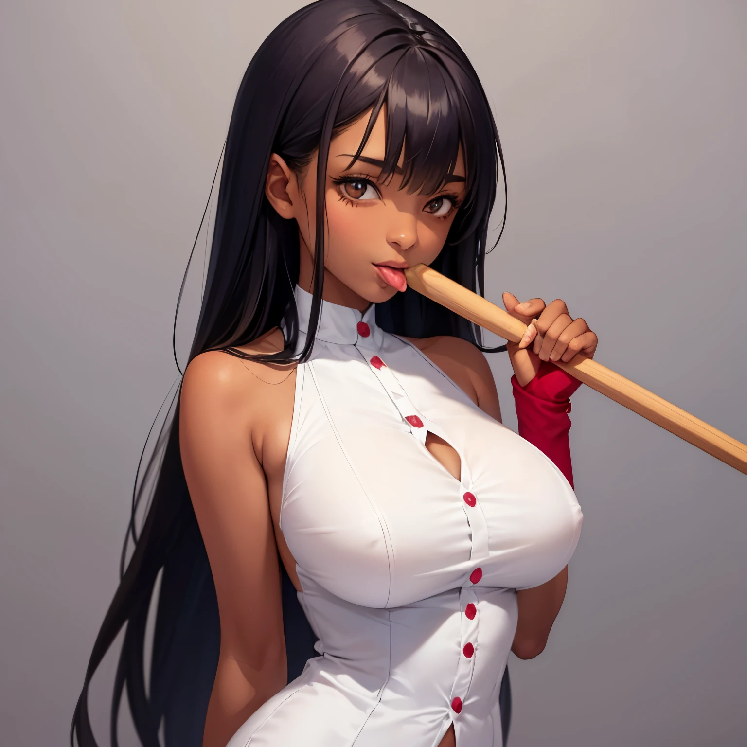 1girl in,Dark-skinned girl sticks out her tongue and licks his rod,a junior high school student,Very cute,Stick out your tongue wide,Straight long hair,A dark-haired,Accurately drawn face,Slender but big breasts,rich Boobs,tre anatomically correct,perfectly proportions,Precise fingers,Hold the stick with both hands,Lick it with your tongue,white precision dress,Sleeveless,The closed button is pressed against my chest and feels like it will come off..,masterpiece,Best Quality,Realisticity,