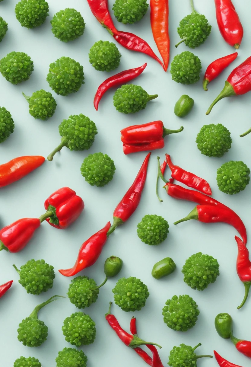 Green peppercorns、red pepper、rainbow structure arrangement、High resolution top pictures,Shot from a bird's eye view